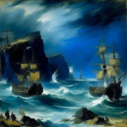 A dark blue cove surrounded in water with pirate ships in a rainstorm designed in Scandinavian folk art painted by Édouard Manet