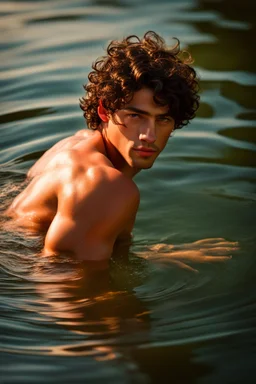 Photograph of a happy young teen male floating in water, relaxing, eyes closed, dark curly hair, full lips, aesthetic physique, cute face, shirtless torso, pale skin tone, flawless skin, smooth skin, thick curly hair, koi fish in water, full body, low camera angle, red swimming trunks, calm clear water, dreamy atmosphere, high resolution, vivid colours