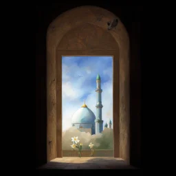 shado of people to jamkaran mosque in Iran has more blue green color and gold for pattern islamic in the dome . one big domes with beautiful lighting . white Daffodil flower in the floor , clouds with small birds in sky with crescent moon of ramdan . painting watercolor ,simple and islamic style , Painting like Vincent van Gogh style