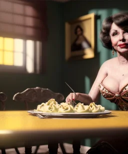 Ultra realistic photographic portrait, happy elegant Gina Lollobrigida woman sitting with arms resting on Italian kitchen table, pretty tortellini dish, classic style decoration, cold, soft color, highly detailed, unreal engine 5, ray tracing, RTX, lumen lighting, ultra detail, volumetric lighting, high definition.