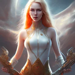 fantasy setting, woman, orange locks, white locks, more orange hair, more white hair