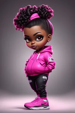 Create an airbrush image of a curvy chibi cartoon black female wearing a hot pink jogger set and black sneakers. Prominent make up with hazel eyes. Extremely highly detailed of messing curly bun