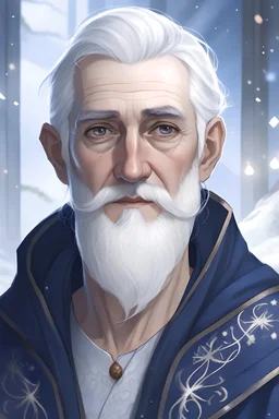 A fair-skinned elf. He has pointy ears. He is tall, thin, silver hair, and blue eyes. He has a thick silver beard. He has the appearance of a man of about sixty years. He wears a long tunic of blue color magician. He looks distracted and friendly. Ice particles float around him. In the image you must see at least half a bust. It must be comic-book style.