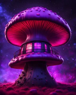 An illogical floating mushroom house on a clear moonless night. . Bright Bold Bright Colors, purple pink red black, Starry Dark cosmic interstellar. Detailed Matte Painting, deep color, fantastical, intricate detail, splash screen, hyperdetailed, insane depth, concept art, 8k resolution, trending on Artstation, Unreal Engine 5, color depth, backlit, splash art, dramatic, High Quality Whimsical Fun Imaginative Bubbly, perfect composition