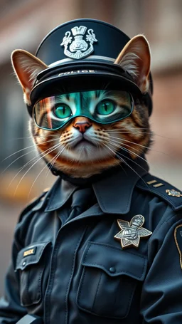 a cat wearing a whole police officer uniform , and a helmet. realistic , pro photography , high quality, and cinematic scene