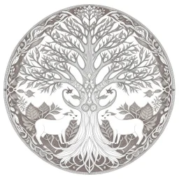 coloring page: A vibrant and intricate mandala featuring various animals intertwined within the branches of a giant tree, symbolizing the interconnectedness of all living creatures.
