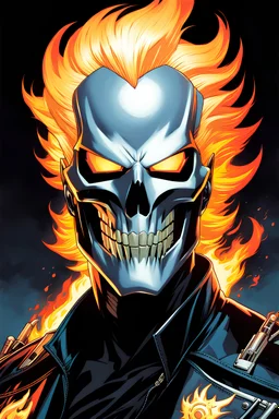 Highly detailed portrait of Ghost Rider, by Loish, by Bryan Lee O'Malley, by Cliff Chiang, by Greg Rutkowski, inspired by image comics, inspired by marvel comics, inspired by heavy metal magazine, inspired by shonen jump, inspired by graphic novel cover art, heavy metal music imagery