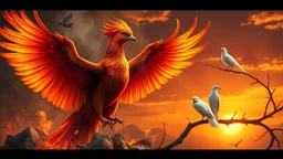 A majestic phoenix rises from the ashes, its plumage ablaze in vibrant shades of maroon, orange, and golden yellow, as a serene white dove watches from a nearby branch, surrounded by warm, sunset hues.