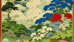 An illustration by Kuniyoshi and Monet of a landscape of blooming flowers and lush vegetation.