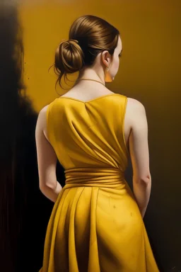 A realistic painting of a woman in a yellow dress facing away from the camera