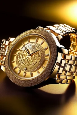 Create a captivating image of a luxurious frosted watch, bathed in soft, golden sunlight. The watch should be the centerpiece, with intricate details on the face and strap, accentuating its elegance and craftsmanship."