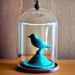 wooden bird in a bell jar, caustic reflections, symmetrical, frosted glass, glossy from rain, warm lighting