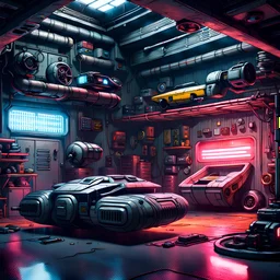 cyberpunk garage containing hovercraft