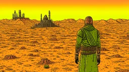 Desert warrior from behind looking at a city in the distance, comic style