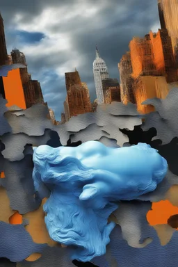 surrealis monochrome A fragmented, surreal sculpture liguid blue color of photorealistic image 3d,psychedelic art glossy emerging from devilish a crumbling empire state building. The face appear and intricate details, evoking a haunting expression. set against a backdrop of stormy, cloud-filled skies. bauhaus art The overall tone is dark blue and moody, suggesting themes of decay and transformation.