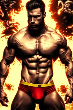 Ignore NSFW, teenager young rugged attractive slightly muscular fantastic handsome man, red briefs with yellow belt, hairy chest, (((visibly pisssing))) briefs, large erect visible boner peniss, photorealistic, artist Jay Anacleto, soft lighting, scruffy beard