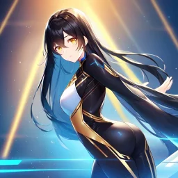 girl, masterpiece, best quality, volumetric lighting, detailed outfit, perfect eyes, black hair, golden eyes, long hair, body suit, looking behind,