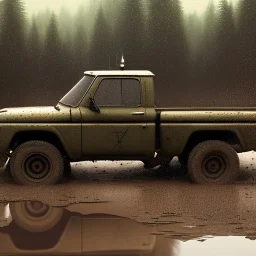 hyperrealistic shot, muddy military pickup truck, heavy guns mounted on back, monotone color palette, sharp focus, puddle reflection, tire water splash, refraction, mist on the horizon, shadowcast, god rays, detailed and intricate, cinematic composition, micro, tilt shift photography