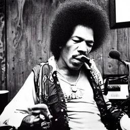 portrait of Jimi Hendrix at a turntable with headphones on being a DJ, cigarette in mouth