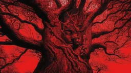 red tree, highly detailed, beautiful desktop wallpaper, comic style, human faces on tree