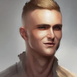 a _ fantasy _ style _ portrait _ painting _ of white male short fringe light brown hair short head smiling clean shaven round face rpg dnd oil _ painting _ unreal _ 5 _ daz. _ rpg _ portrait _ extremely _ detailed _ artgerm _ greg _ rutkowski _ greg