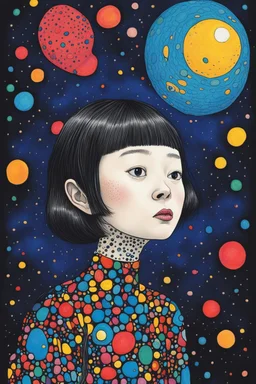 Gogh-like half alien half-Yayoi Kusama lady, colored ink art. She is young and cute and is looking up at a spaceship in distance. It’s dark and gloomy. Some light comes from above.