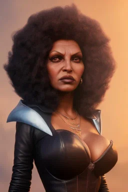 Pam Grier as evil queen in black leather, leather, busty, cleavage, angry, stern look. character design by cory loftis, fenghua zhong, ryohei hase, ismail inceoglu and ruan jia. unreal engine 5, artistic lighting, highly detailed, photorealistic, fantasy