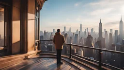 a close up view of a man standing on the balcony of a building while looking at a New York Manhattan, highly detailed, raw photo, procedural city, atmospheric, weather