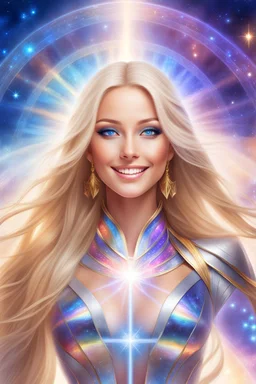 cosmic woman smile,beautiful ufos rainbow, admiral from the future, galactic confédération, fine whole face, crystalline skin, expressive blue eyes,rainbow, smiling lips, very nice smile, costume pleiadian, Beautiful tall woman pleiadian Galactic commander, ship, perfect datailed golden galactic suit, high rank, long blond hair, hand whit five perfect detailed finger, amazing big blue eyes, smilling mouth, high drfinition lips, cosmic happiness, bright colors, blue, pink, gold, jewels, realist,