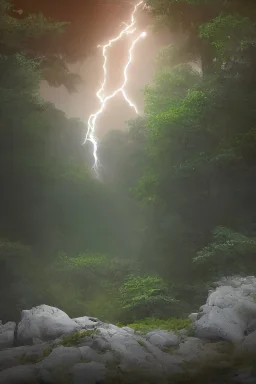 area of rocks, deep inside the forest, divine domain, Lightning,