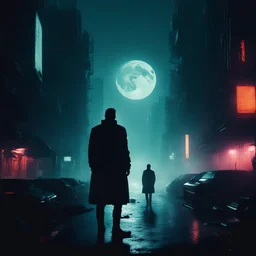 Deckard's dream. blade runner like. scene set in a dystopian city. Dark Silhouette of a man on foreground seen from behind in the center of the scene . Night scene moon visible. Dimmed colors. Grim athmosphere