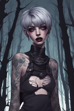 tattooed vampire girl showing fangs with short cropped cyberpunk hair wandering in tangled forest in the moonlight