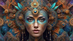 3D symmetrical rendering of an enigmatic expressively detailed and intricate, hyperrealistic dreamscape portrait: symmetric, front view, colorful paint, tribalism, steampunk, shamanism, cosmic fractals, dystopia, telepathy, 8k, high-resolution, realistic, surrealistic, v-ray,quixel megascans render, sintane render, dramatic volumetric lighting exquisite composition, beautiful detailed intricate detailed octane render, artistic photography, photorealistic, perfect light, chiaroscuro