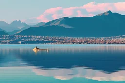 Sunny day, distant modern city, lake, lake reflections, people, mountains