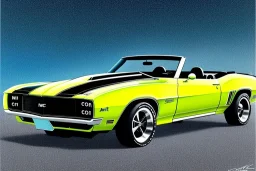 pen and color marker, true-to-life 1969 chevrolet camaro convertible pro street, two-tone paintwork, classic hotrod wheels, detroit steel wheels, centered, intricate, extreme detailed, photorealism, center view, stylized random background, pivot on camaro, painting by cheryl kelley