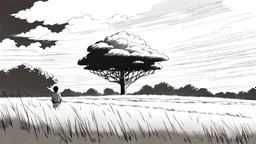 manga, makoto shinkai, monochrome, black background, sketch, simple, maximum quality, centered in frame, far view, in the middle of a grassy hill, white sky with cumulonimbus