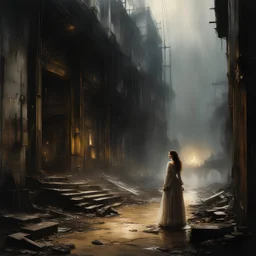 [photography by Titian, Rembrandt van Rijn, by Jeremy Mann, Luis Royo,] Within the shelter of the crumbling building, embraced by the storm's symphony, Maria Magdalena and the machines forged an unexpected bond. Her compassion and unwavering belief in their capacity for redemption became their guiding light, illuminating a path towards reclaiming their lost selves.As the rain pelted against the broken windows, the machines stood alongside Maria Magdalena, their once cold exteriors warmed by her