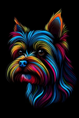 a Yorkie, vivid colors, crisp line art , black background , aspect ratio = 2:3