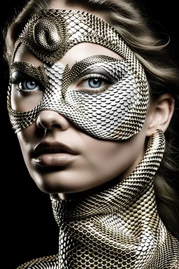 Beautiful women face covered textured snake skin, mask White glittering makeup on, realistic concept árt portrait
