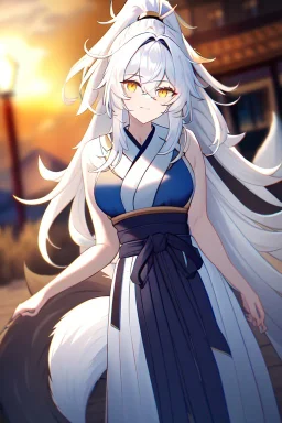 fox girl, masterpiece, best quality, cinematic lighting, detailed outfit, vibrant colors, perfect eyes, golden eyes, long hair, white hair, messy hair, hair between eyes, depth of field, ray tracing, ponytail, hakama, tail,