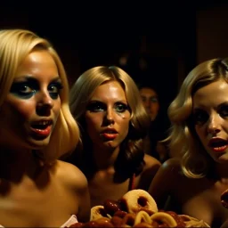 Horror movie shot, hot, ultra realistic, dine, horns, ultra chaos, realistic hot blonde women, party, pieces of meat, organs, hot dynamic, very excited people, hypermaximalist figures, light, 1970's Italian horror movie, sinister,, Dario Argento, Stanley Kubrik, ornate, 4k, photorealism