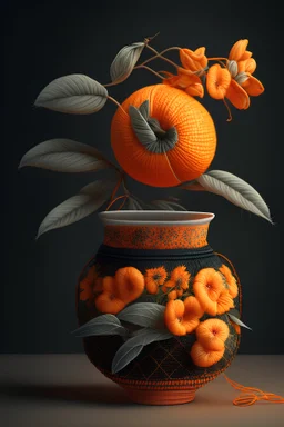 jeruk mannga realistik dengan hiasan tali bunga dan wadah