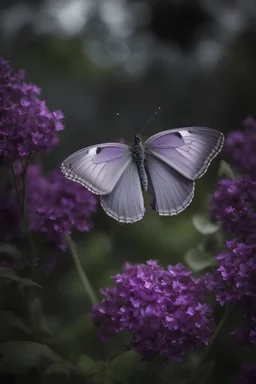 A breathtaking monochrome photograph with pops of vibrant purples, capturing a graceful grey butterfly with shimmering purple-tipped wings fluttering through a moonlit garden. As the butterfly lands on various plants, the grey flowers bloom into radiant purple blossoms, creating a stunning visual contrast. The composition masterfully interweaves the serene greys with bursts of purple, evoking a sense of nocturnal magic and delicate beauty in this enchanting, dreamlike scene.