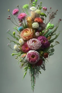 A biomorphic Bouquet of Fresh Flowers fantasy photorealistic very attractive beautiful high definition cinematic postprocessing