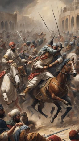 A picture of a battle of Muslims against polytheists with swords and horses