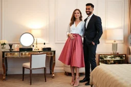 very beautiful lady with beautiful midi skirt and blouse standing next to her couple in a luxury bedroom with high heels next to makeup desk looking to camera