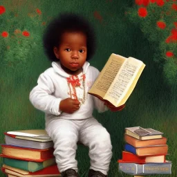 African American baby boy musician with books by monet