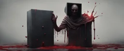 a faceless creature covered in blood holding up an empty black box