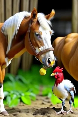 a horse fiting a ninga have a chiken