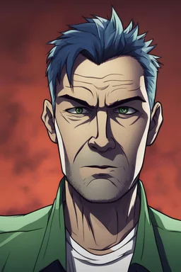 Middle aged Man with dark blue hair, spike haircut, green eyes, t-shirt and jeans, serious, artistic, painter, studio background, RWBY animation style